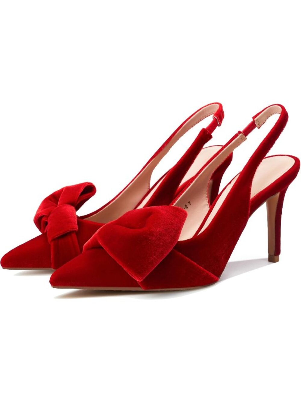 Women's Velvet Red Slingback Heels with Bow Pointed Toe Pumps Elasticated Strap